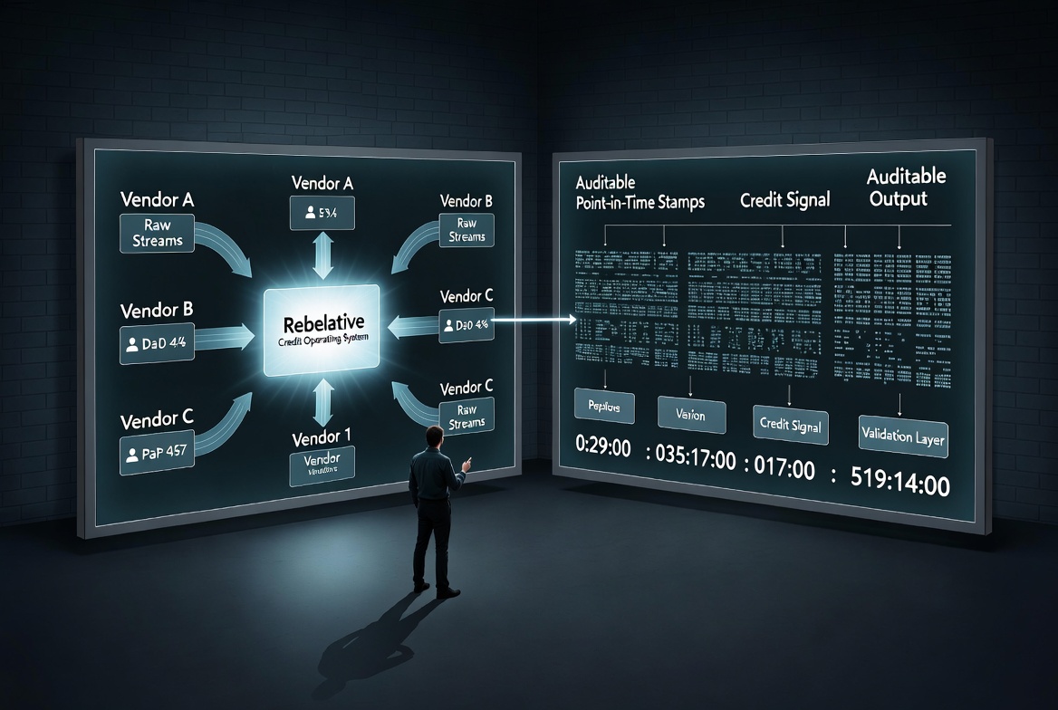 Multi-vendor data streams converted into auditable point-in-time credit signals
