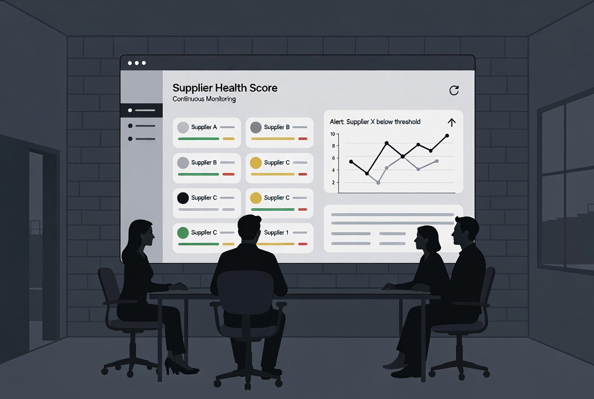 Supplier health score dashboard with continuous monitoring alerts